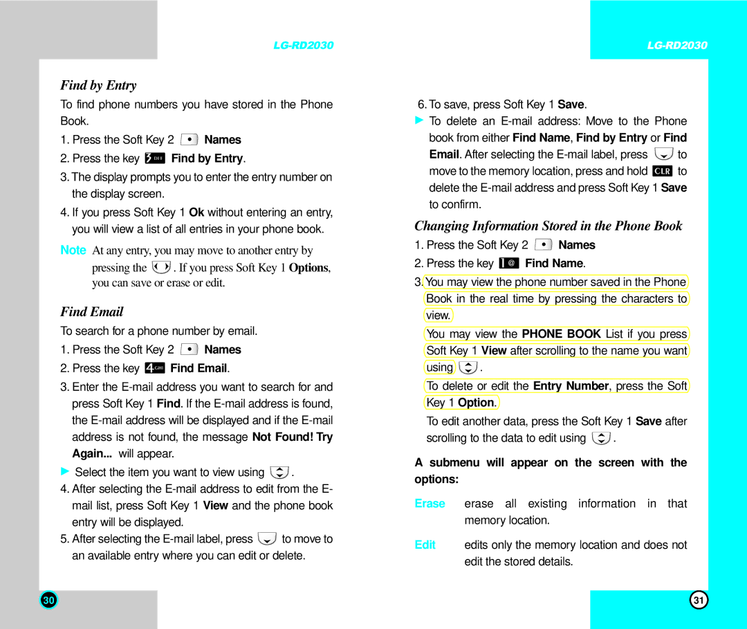 LG Electronics RD2030 user manual Find by Entry, Find Email, Changing Information Stored in the Phone Book 