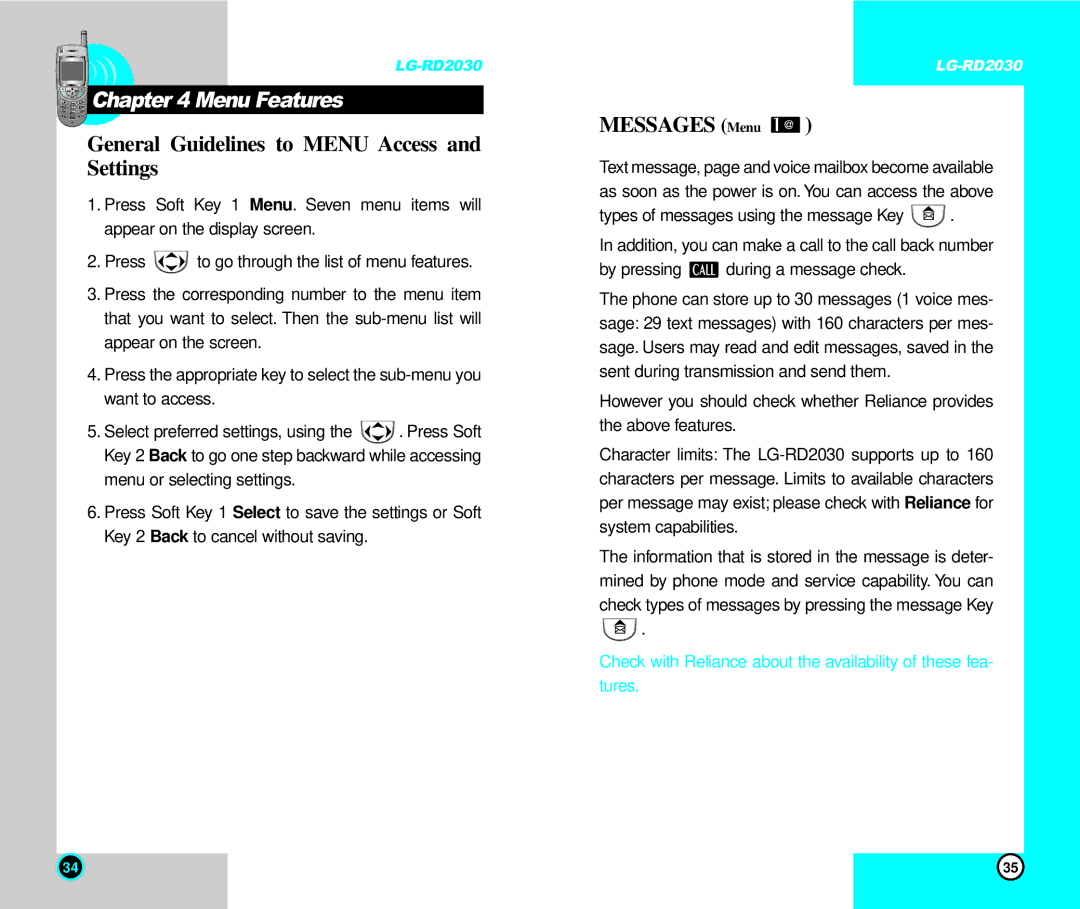 LG Electronics RD2030 user manual Menu Features, General Guidelines to Menu Access Settings 