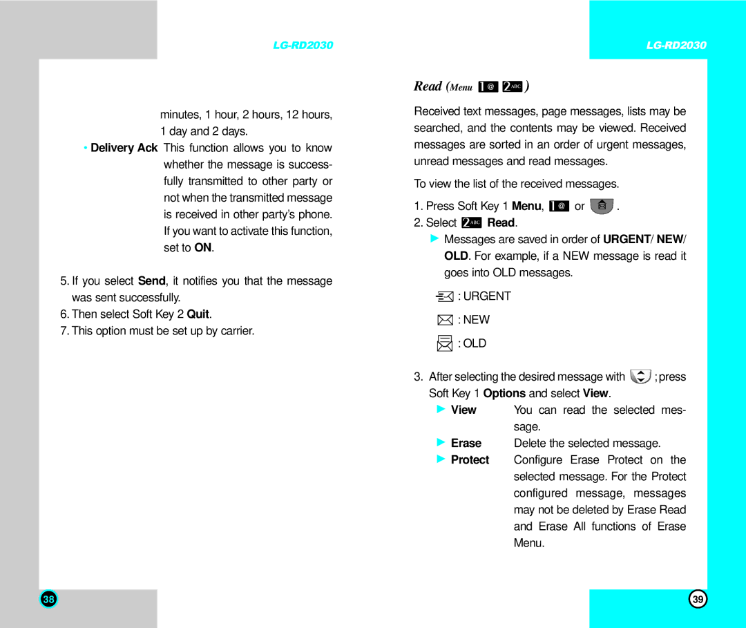 LG Electronics RD2030 user manual Read Menu, Urgent 