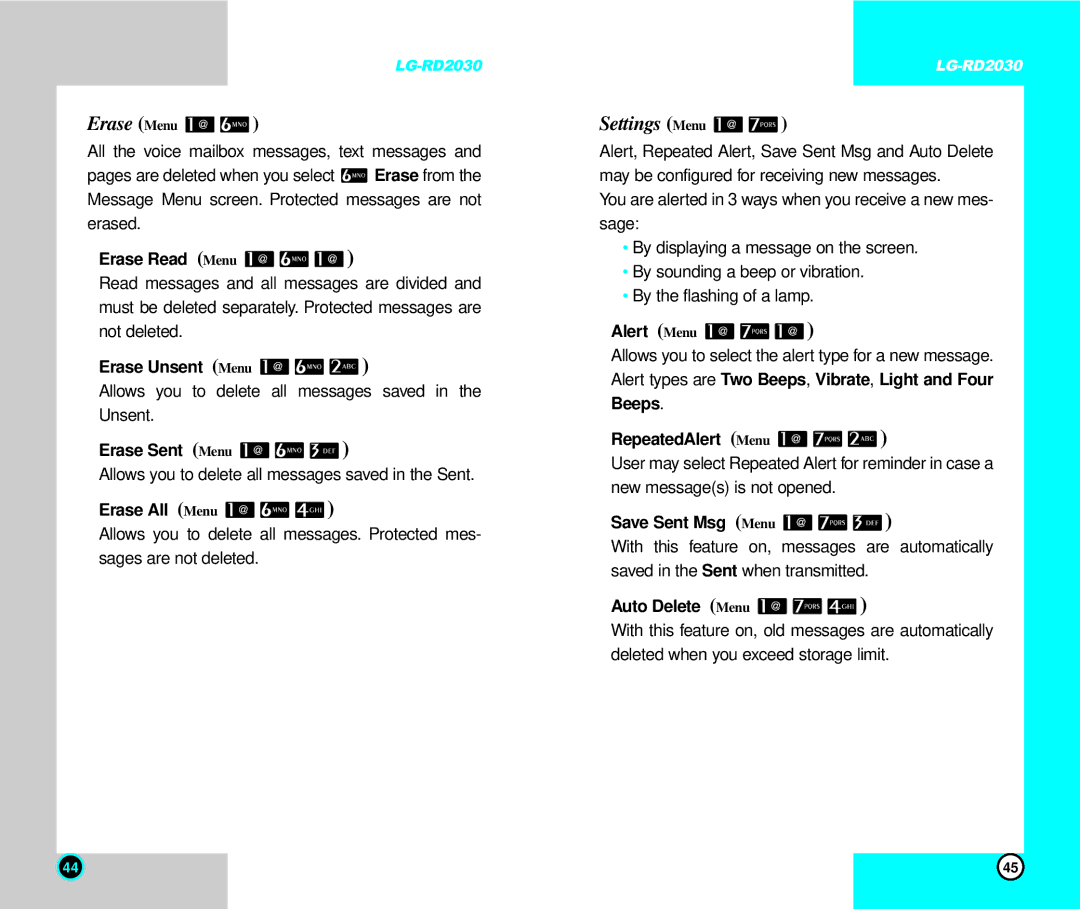 LG Electronics RD2030 user manual Erase, Settings 