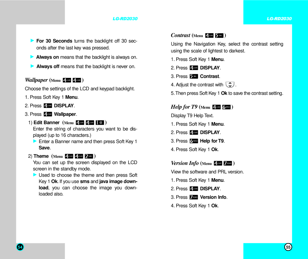 LG Electronics RD2030 user manual Contrast, Help for T9 