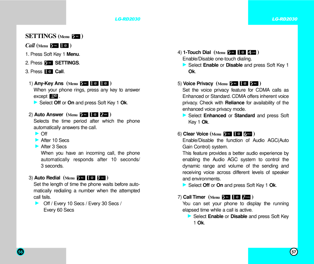 LG Electronics RD2030 user manual Call Menu 