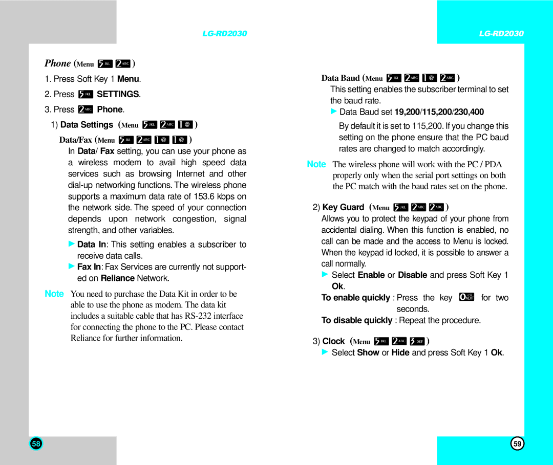 LG Electronics RD2030 Phone, Data Settings Menu, Data Baud set 19,200/115,200/230,400, Key Guard Menu, Clock Menu 