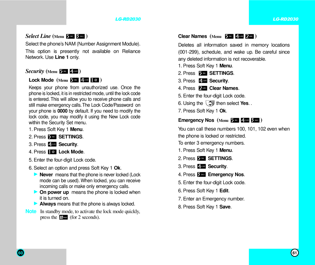 LG Electronics RD2030 user manual Select Line, Security 