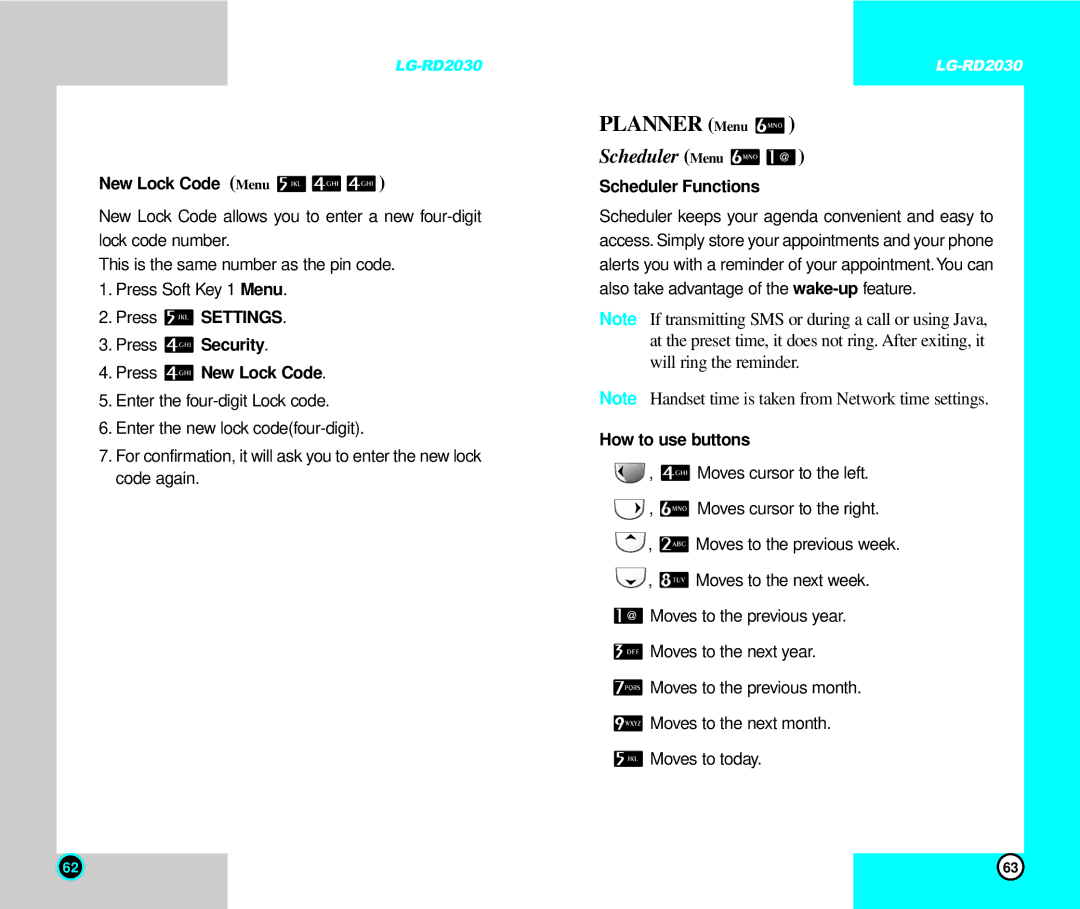 LG Electronics RD2030 user manual Planner Menu, Scheduler 