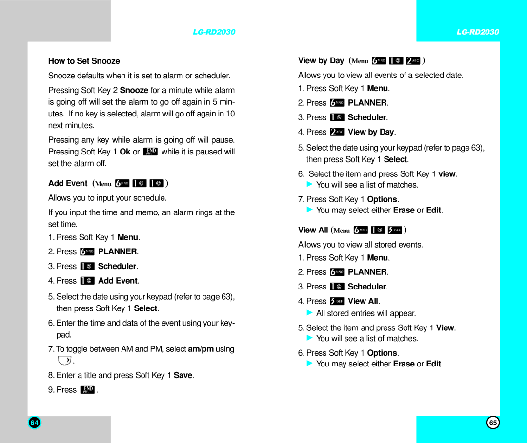 LG Electronics RD2030 How to Set Snooze, Add Event Menu, Press Planner Press Scheduler Press Add Event, View by Day Menu 