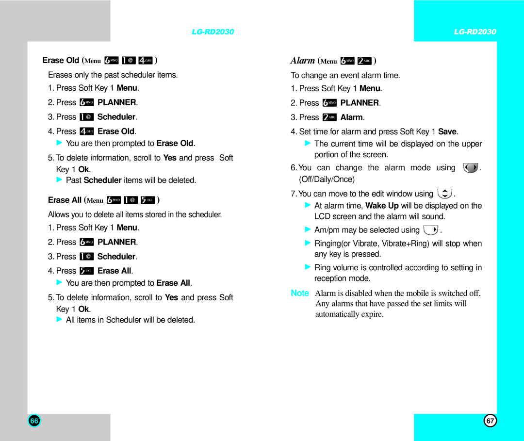 LG Electronics RD2030 user manual Alarm, Erase Old Menu, Press Planner Press Scheduler Press Erase Old 