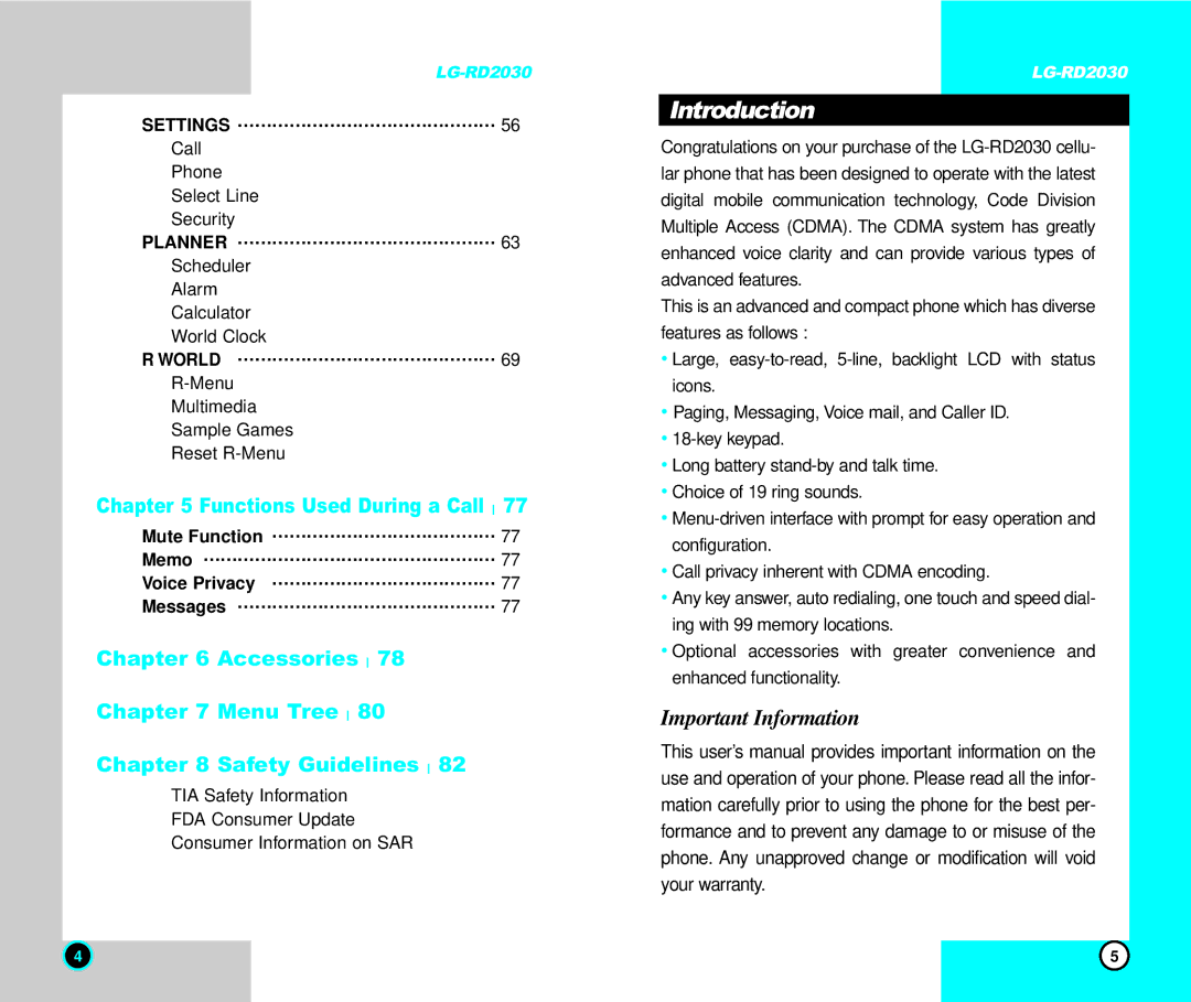 LG Electronics RD2030 user manual Introduction, Important Information, Settings … … … … … … … … … … … … … … … 56 Call 