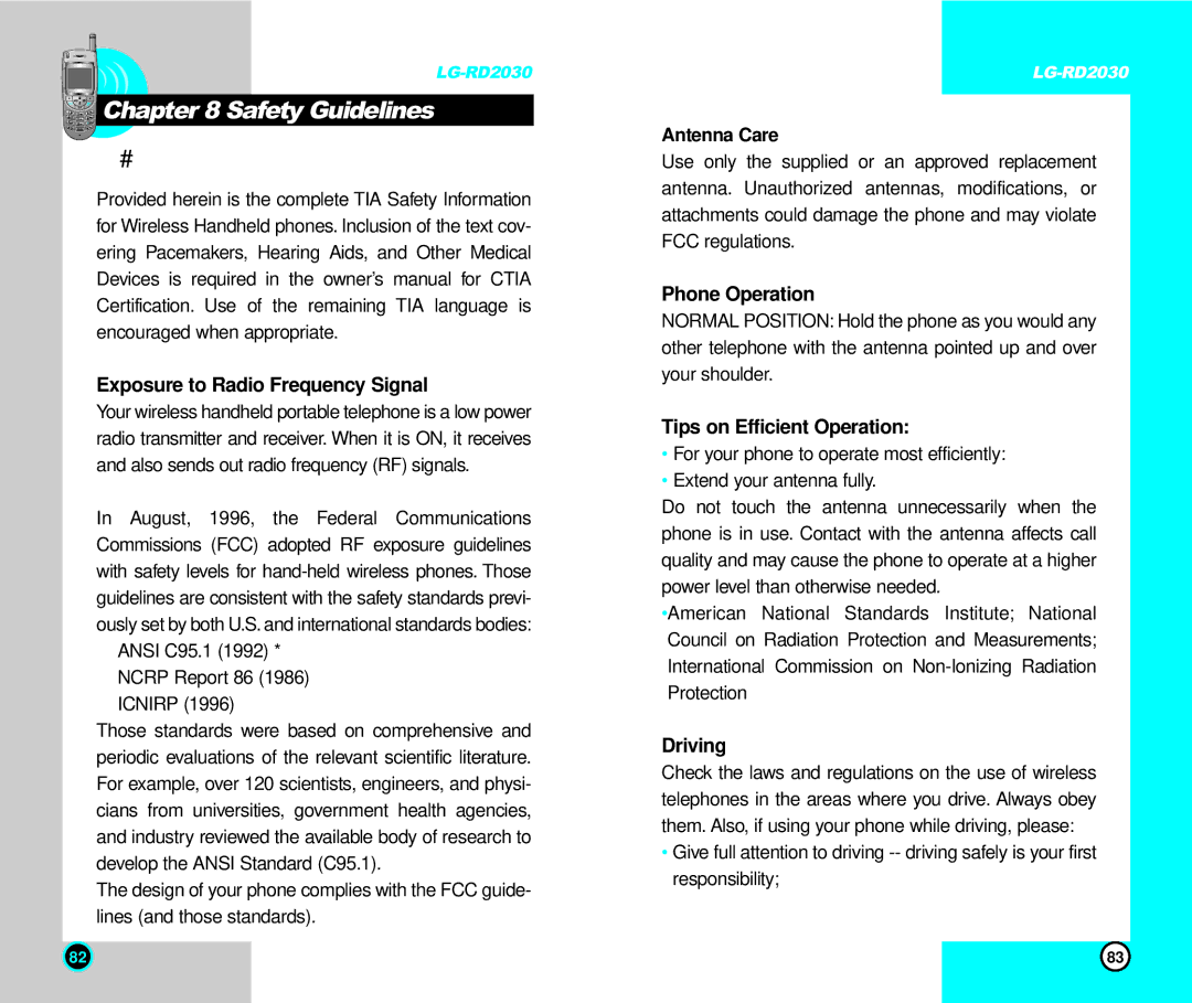 LG Electronics RD2030 user manual Safety Guidelines, Antenna Care 