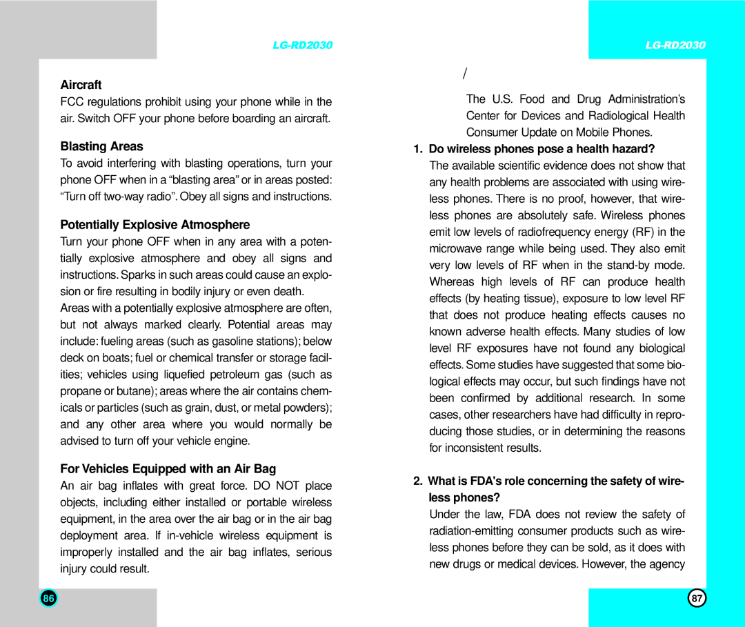 LG Electronics RD2030 user manual Aircraft, Do wireless phones pose a health hazard? 