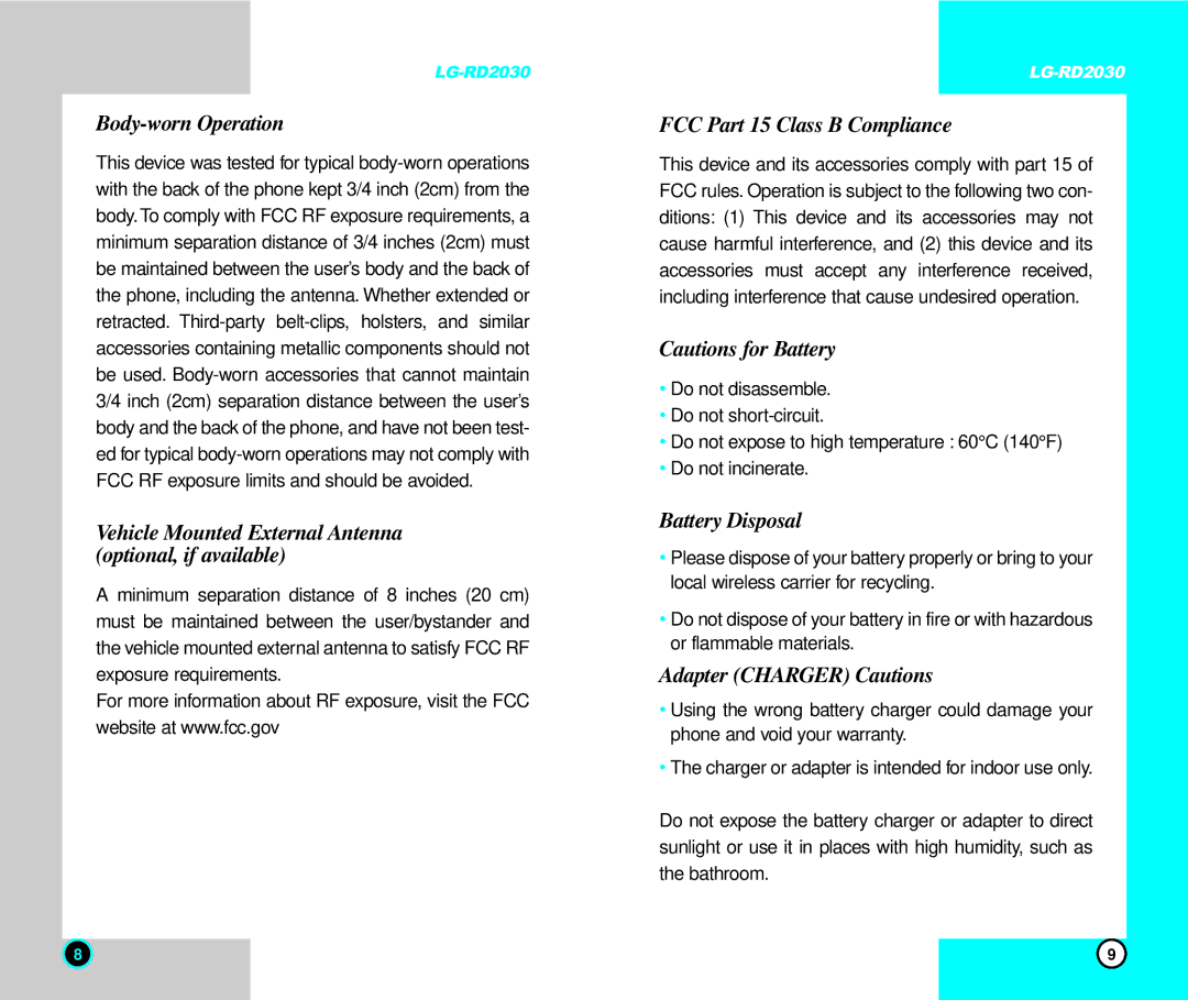 LG Electronics RD2030 Body-worn Operation, FCC Part 15 Class B Compliance, Battery Disposal, Adapter Charger Cautions 