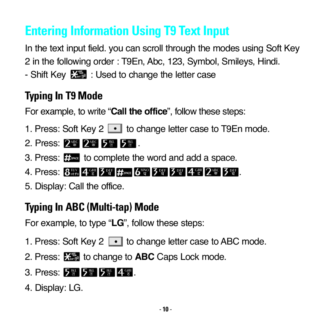 LG Electronics RD2530 manual Entering Information Using T9 Text Input, Typing In T9 Mode 