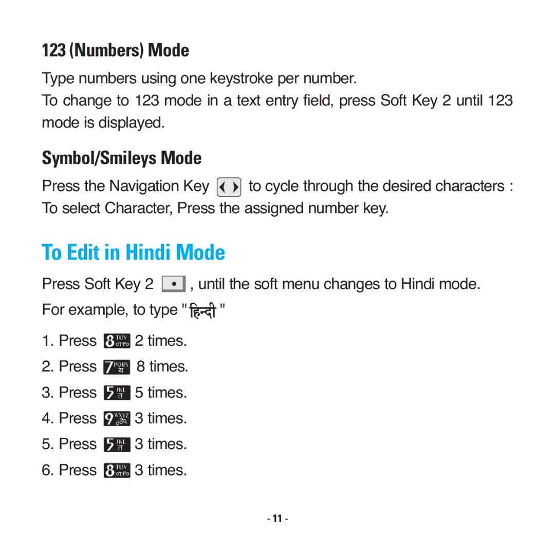 LG Electronics RD2530 manual To Edit in Hindi Mode, Numbers Mode 