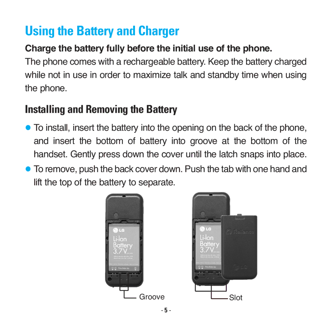 LG Electronics RD2530 manual Using the Battery and Charger, Installing and Removing the Battery 