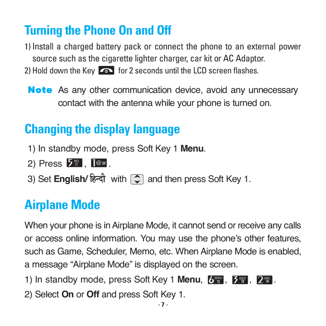 LG Electronics RD2530 manual Turning the Phone On and Off, Changing the display language, Airplane Mode 