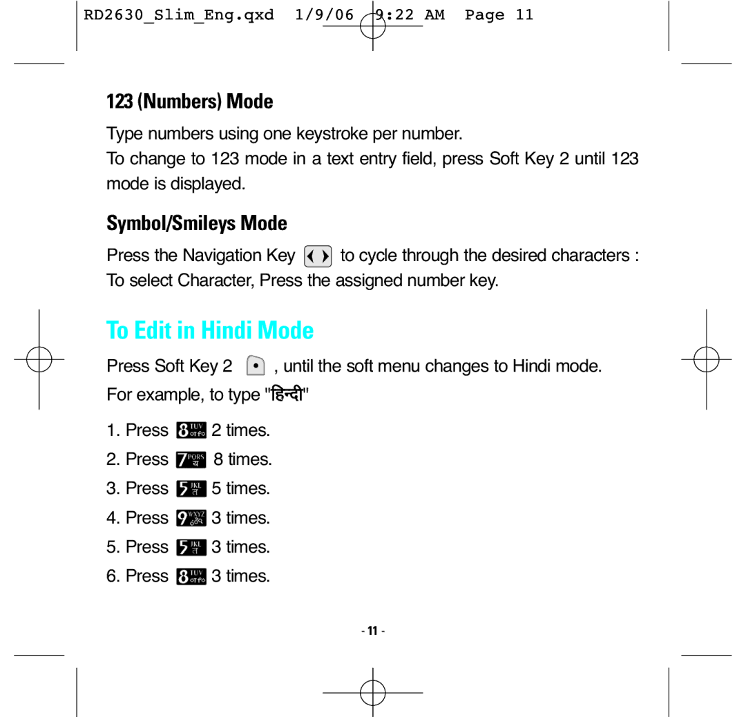 LG Electronics RD2630 manual To Edit in Hindi Mode, Numbers Mode 