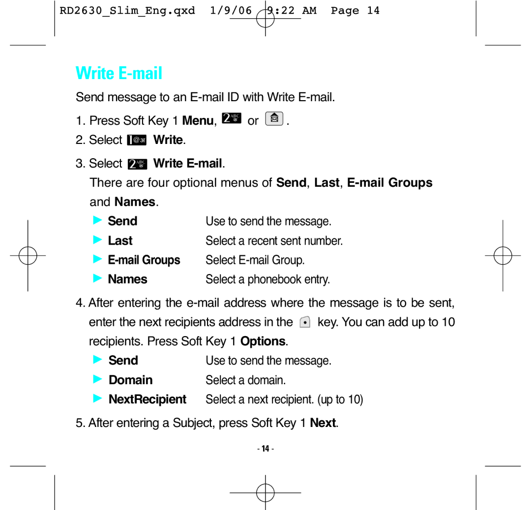 LG Electronics RD2630 manual Write E-mail, Mail Groups Select E-mail Group Names 