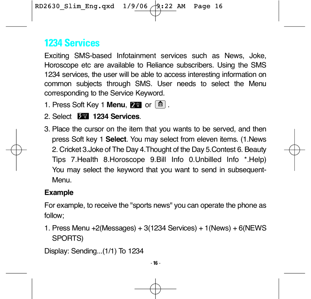 LG Electronics RD2630 manual Select 1234 Services 