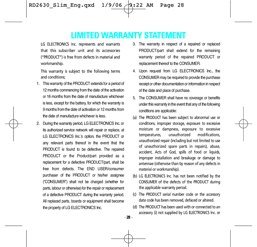 LG Electronics RD2630 manual Limited Warranty Statement 