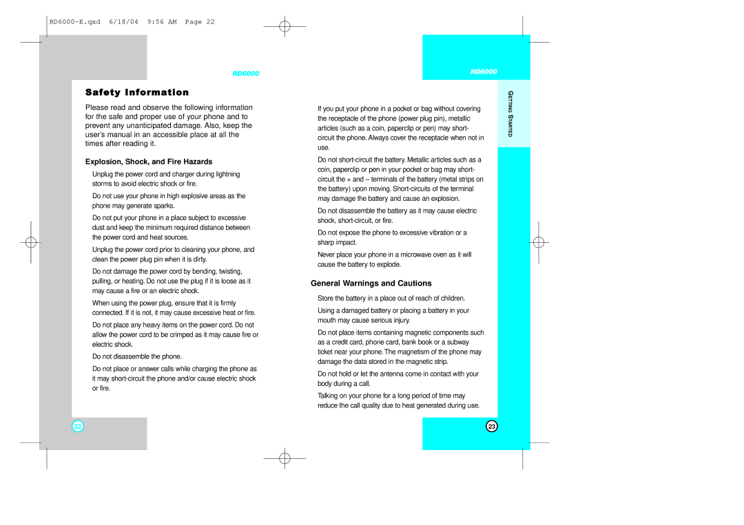 LG Electronics RD6000 manual Safety Information, General Warnings and Cautions, Explosion, Shock, and Fire Hazards 