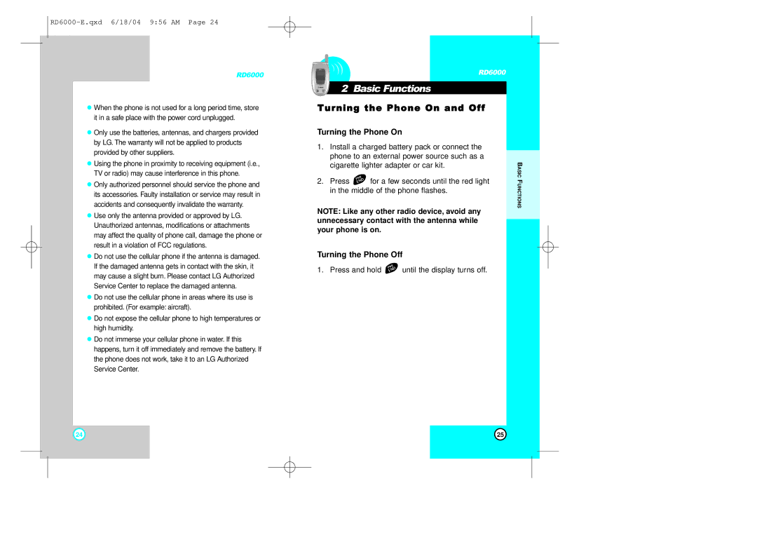 LG Electronics RD6000 manual Basic Functions, Turning the Phone On and Off, Turning the Phone Off 