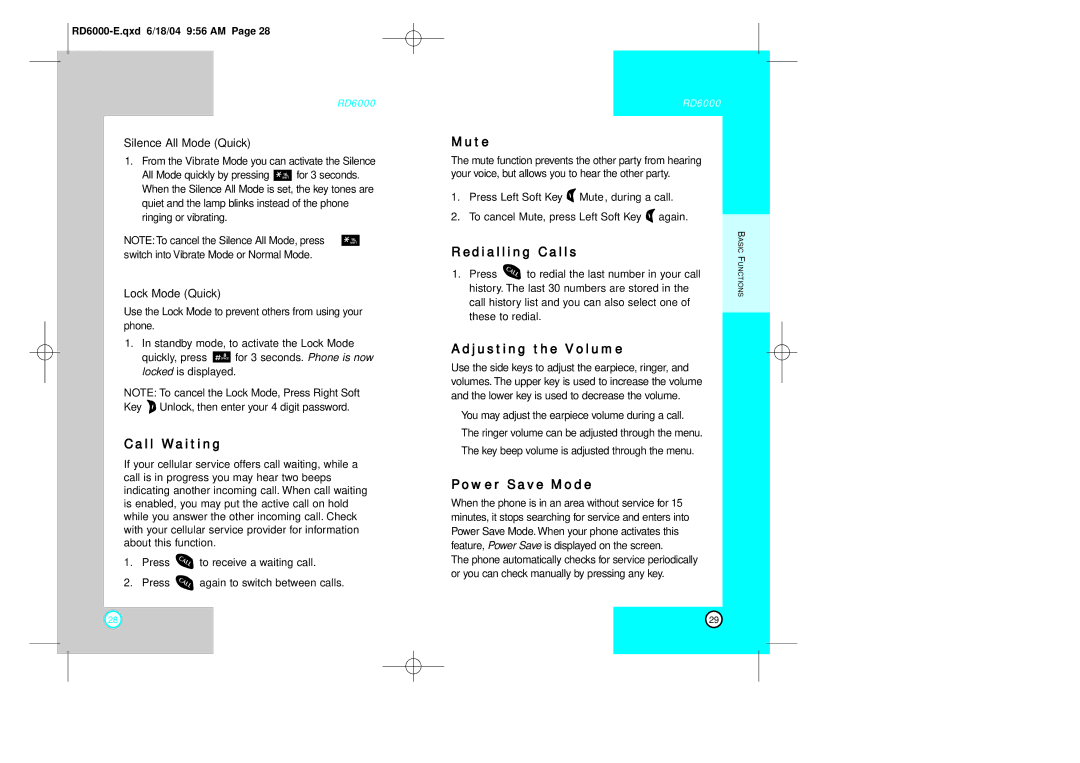 LG Electronics RD6000 manual Call Waiting, Mute, Edialling Calls, Adjusting the Volume, Power Save Mode 