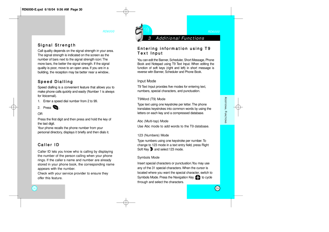 LG Electronics RD6000 manual Additional Functions, Signal Strength, Speed Dialling, Caller ID 
