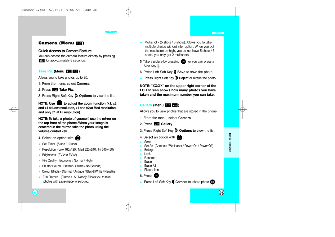 LG Electronics RD6000 manual Camera Menu Quick Access to Camera Feature, Take Pix Menu, Gallery Menu, Press Take Pix 