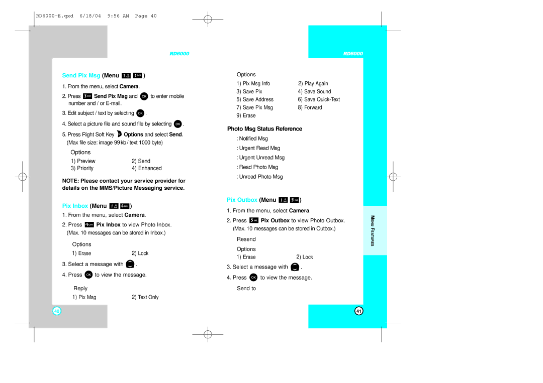 LG Electronics RD6000 manual Send Pix Msg Menu, Pix Inbox Menu, Photo Msg Status Reference, Pix Outbox Menu 