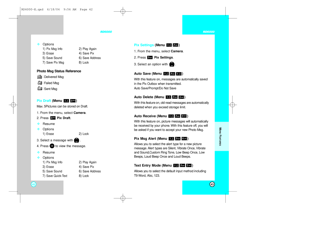 LG Electronics RD6000 manual Pix Draft Menu, Pix Settings Menu 