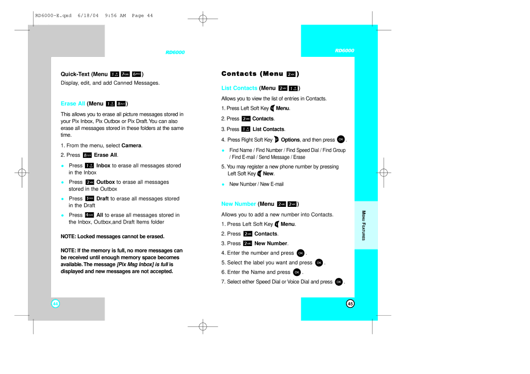 LG Electronics RD6000 manual Quick-Text Menu, Erase All Menu, List Contacts Menu, New Number Menu 