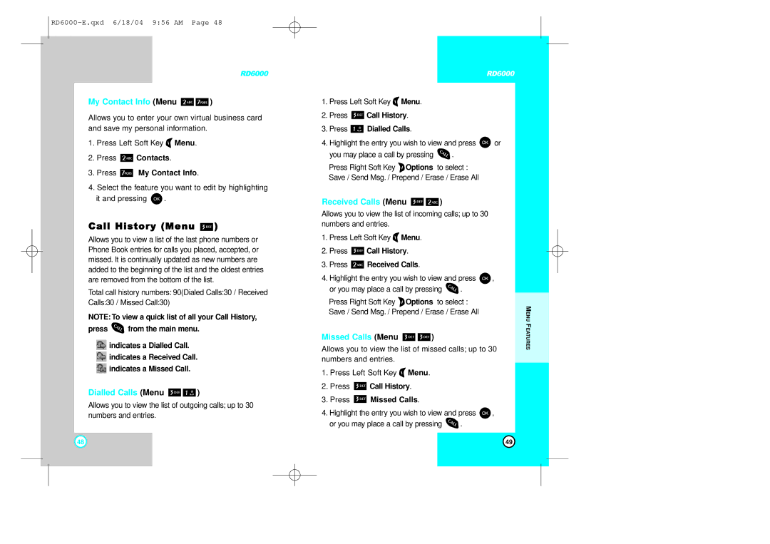 LG Electronics RD6000 Call History Menu, My Contact Info Menu, Dialled Calls Menu, Received Calls Menu, Missed Calls Menu 