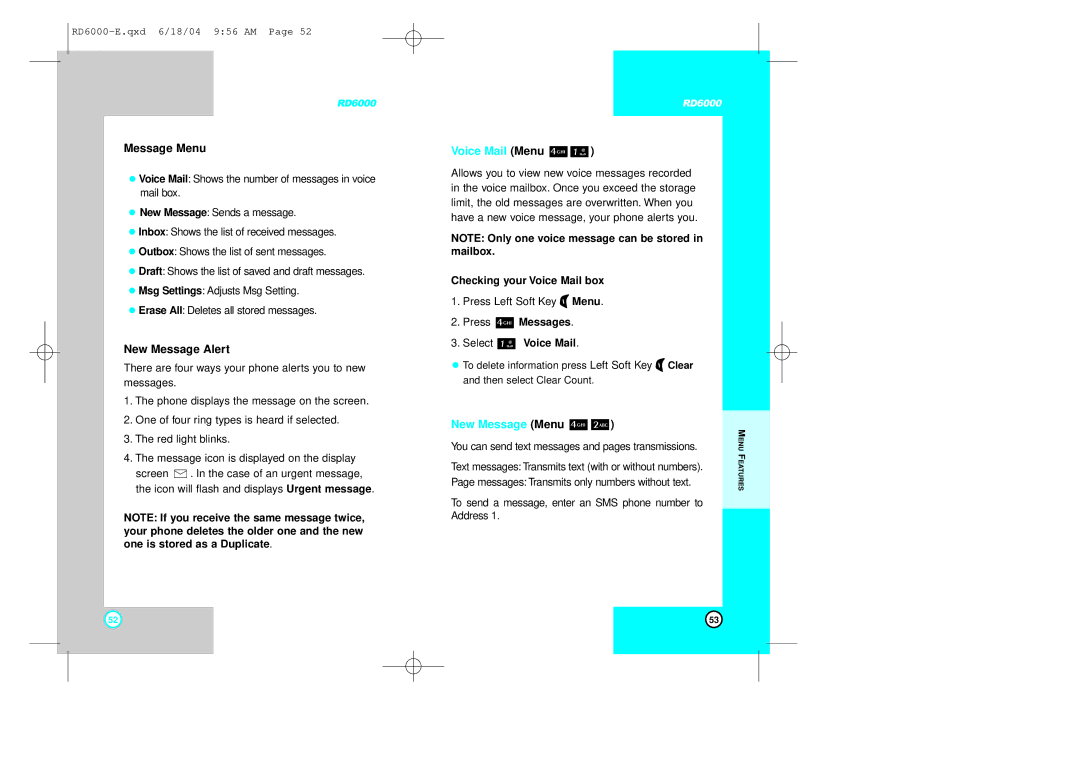 LG Electronics RD6000 manual New Message Alert, Voice Mail Menu, New Message Menu 
