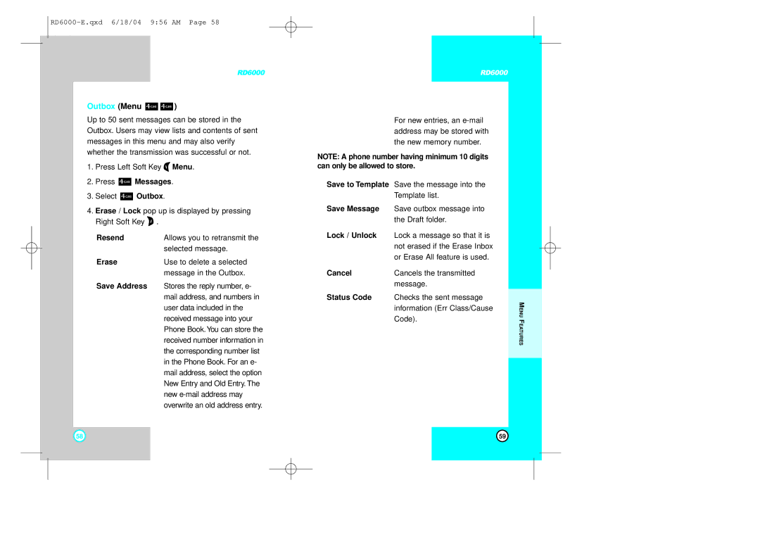 LG Electronics RD6000 manual Outbox Menu 