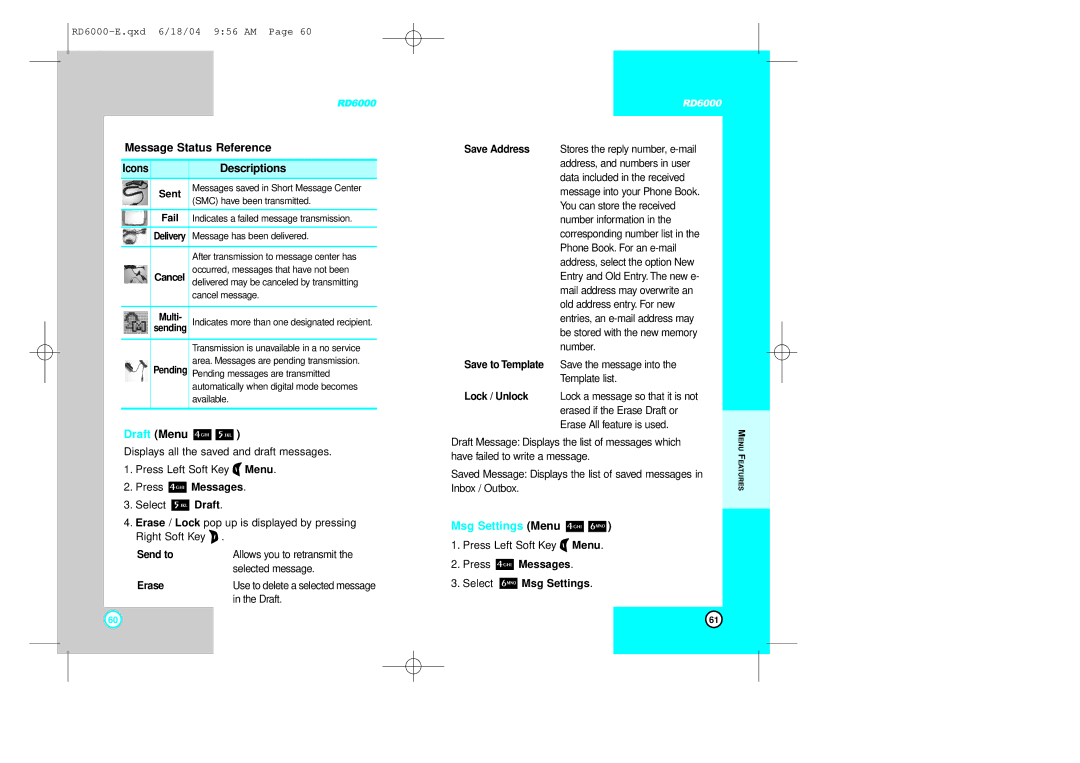 LG Electronics RD6000 manual Message Status Reference, Descriptions, Draft Menu, Msg Settings Menu 