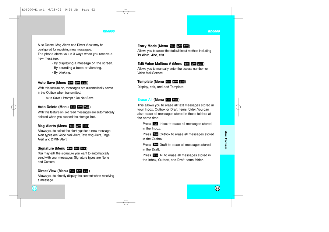LG Electronics RD6000 manual Msg Alerts Menu, Signature Menu, Direct View Menu, Entry Mode Menu, Edit Voice Mailbox # Menu 