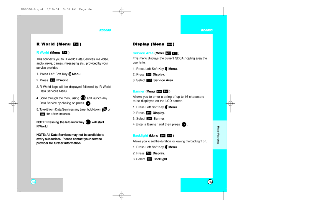 LG Electronics RD6000 manual World Menu, Display Menu, Service Area Menu, Backlight Menu 