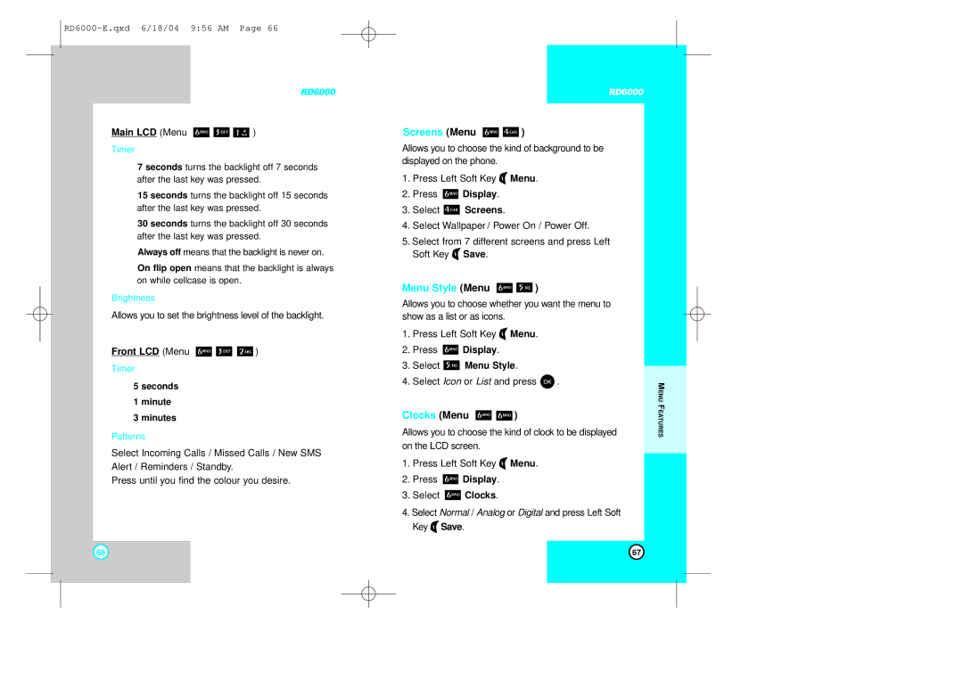 LG Electronics RD6000 manual Screens Menu, Menu Style Menu, Clocks Menu 