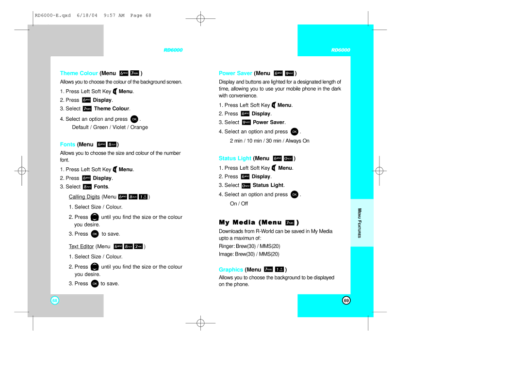 LG Electronics RD6000 manual My Media Menu, Theme Colour Menu, Power Saver Menu, Status Light Menu, Graphics Menu 