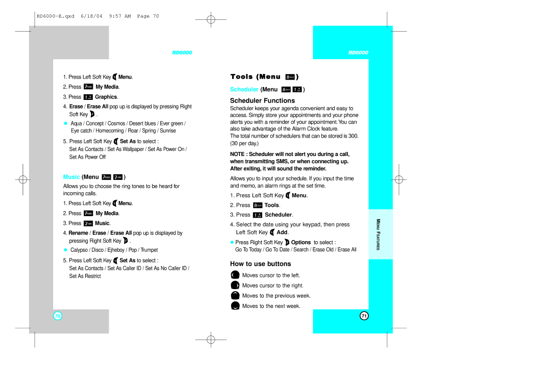 LG Electronics RD6000 manual Tools Menu, Music Menu, Scheduler Menu 