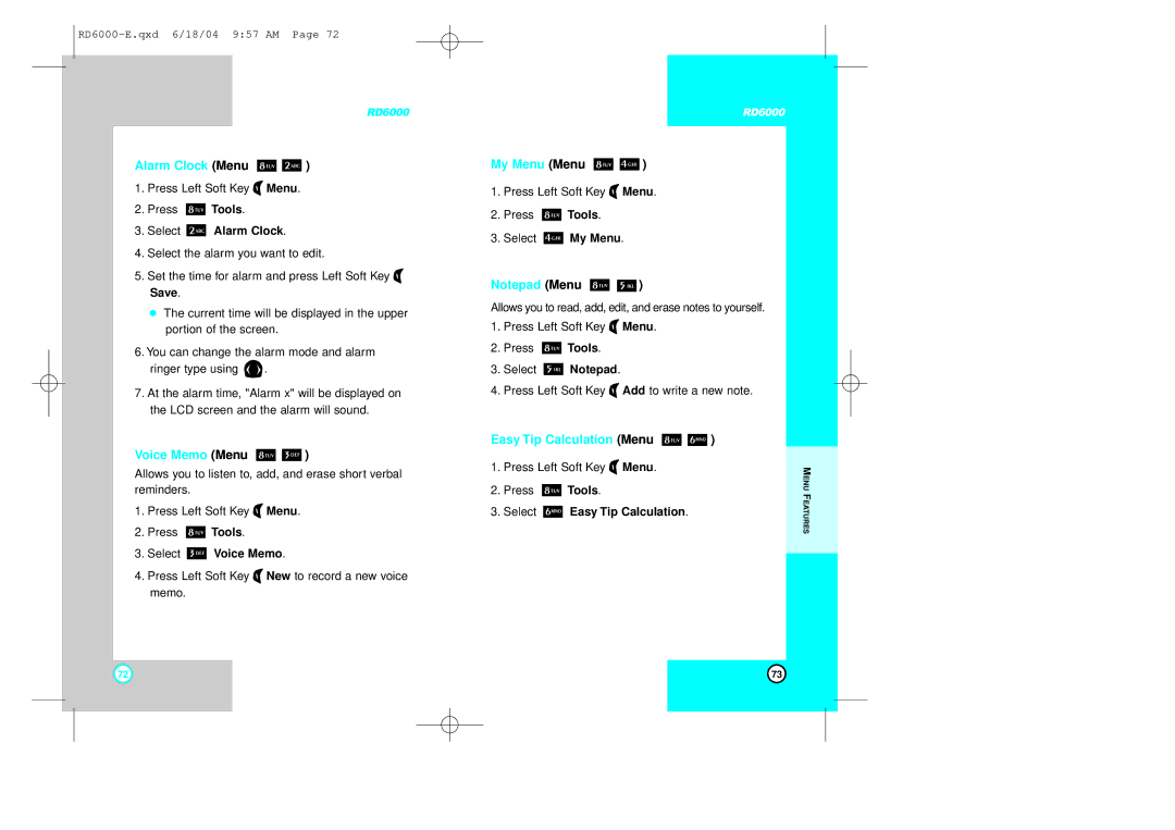 LG Electronics RD6000 manual Alarm Clock Menu, Voice Memo Menu, My Menu Menu, Easy Tip Calculation Menu 