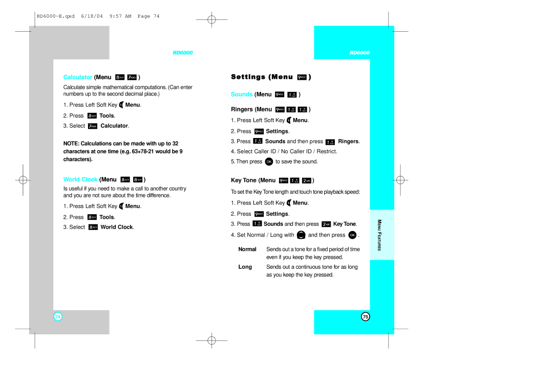 LG Electronics RD6000 manual Settings Menu, Calculator Menu, World Clock Menu, Sounds Menu Ringers Menu, Key Tone Menu 