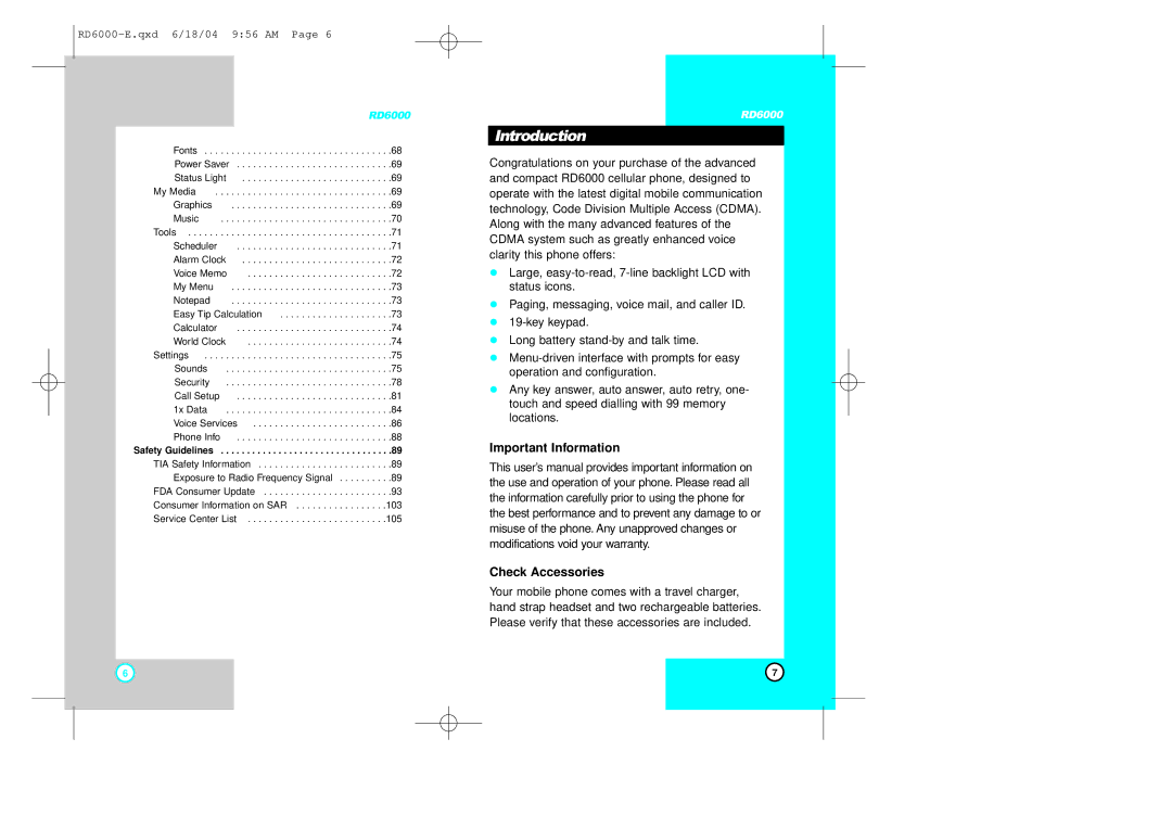 LG Electronics RD6000 manual Introduction, Important Information, Check Accessories 