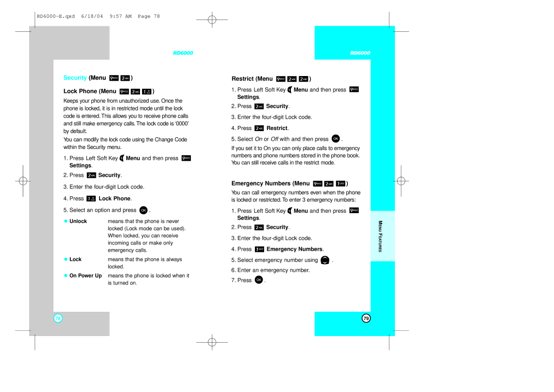 LG Electronics RD6000 manual Security Menu, Lock Phone Menu, Restrict Menu, Emergency Numbers Menu 