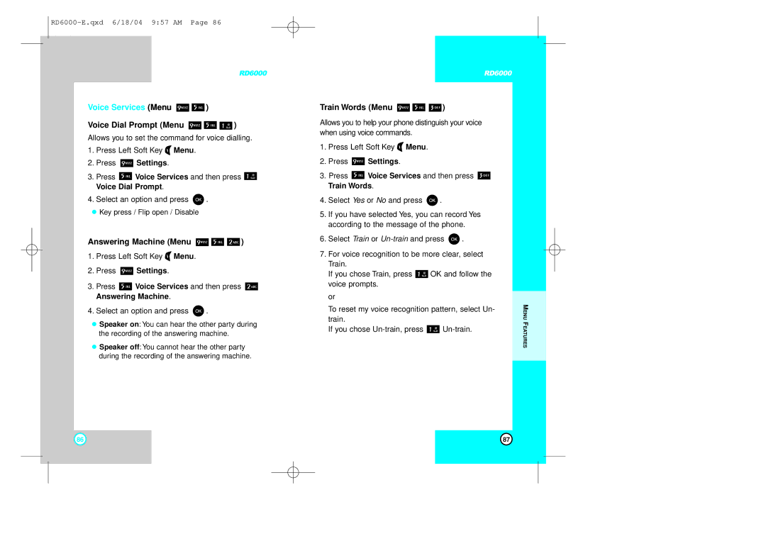LG Electronics RD6000 manual Voice Services Menu, Voice Dial Prompt Menu, Answering Machine Menu, Train Words Menu 