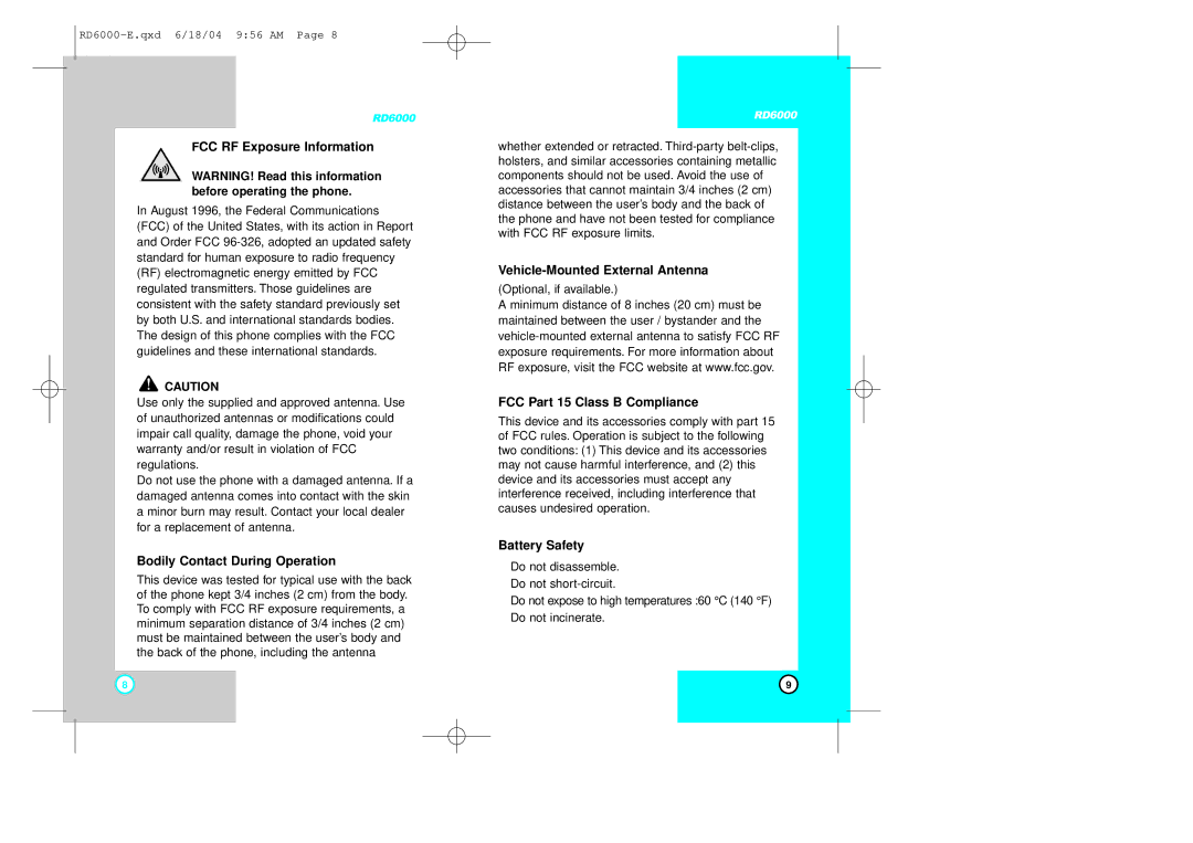 LG Electronics RD6000 manual FCC RF Exposure Information, Bodily Contact During Operation, Vehicle-Mounted External Antenna 