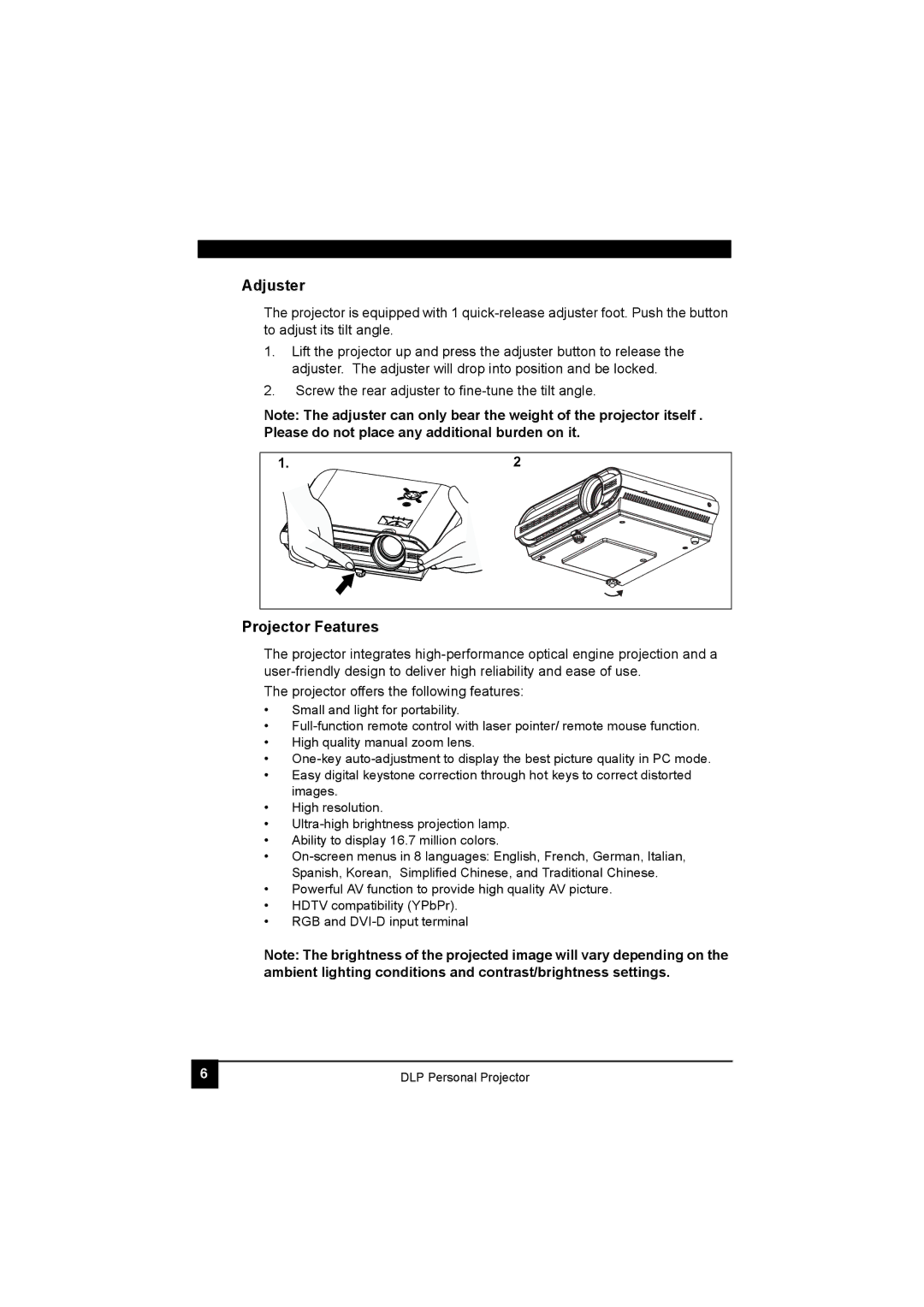 LG Electronics RDJT52 1024X768 XGA, RDJT50 1024X768 XGA manual Adjuster, Projector Features 