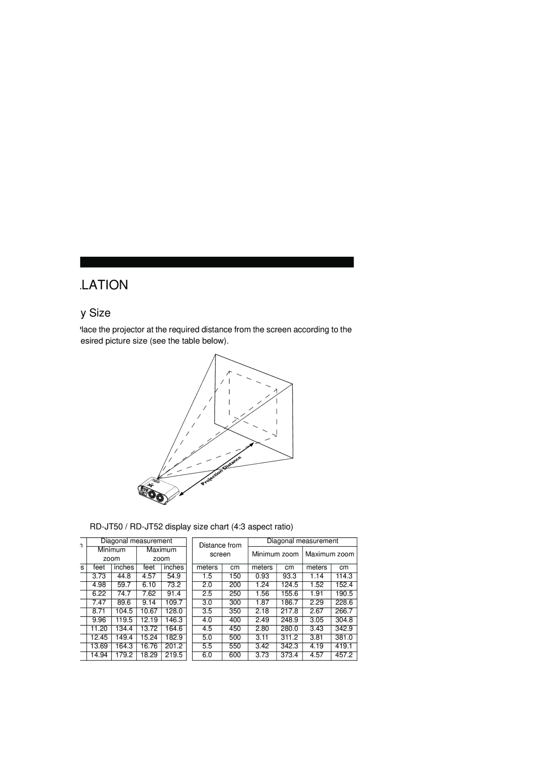 LG Electronics RDJT52 1024X768 XGA manual Installation, Display Size, RD-JT50 / RD-JT52 display size chart 43 aspect ratio 