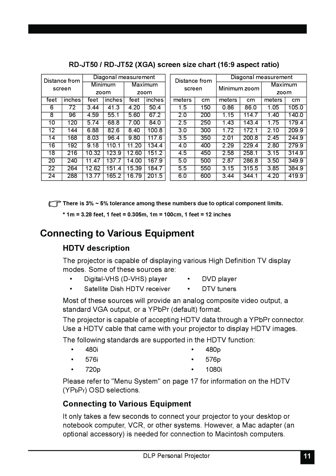 LG Electronics RDJT50 1024X768 XGA, RDJT52 1024X768 XGA manual Connecting to Various Equipment, Hdtv description 