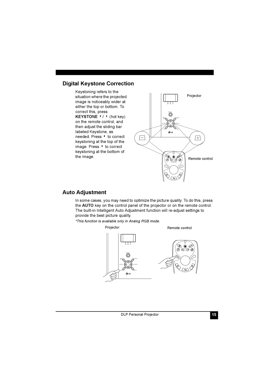 LG Electronics RDJT50 1024X768 XGA, RDJT52 1024X768 XGA manual Digital Keystone Correction, Auto Adjustment 